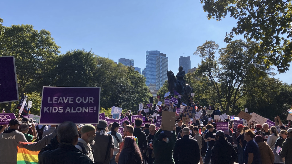 Hundreds of protestors gathered in Queens Park on Sept. 20 to protest LGBTQ-affirming educational policies. Protestors carried signs that said “leave our kids alone!” handed out by the Peoples Party of Canada.